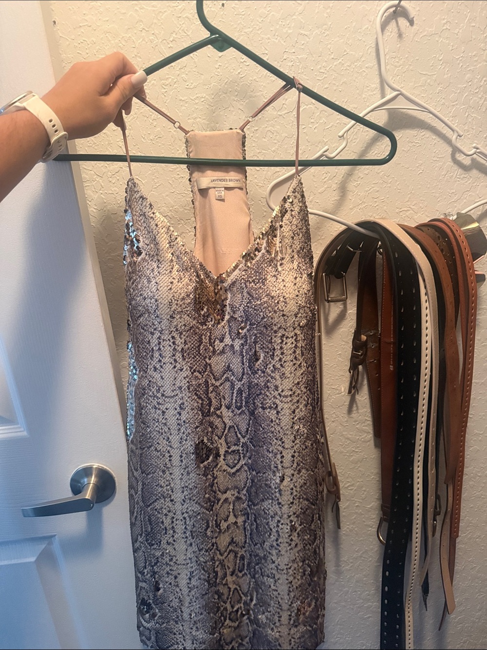 Lavender Brown Snake Print Sequin Mini Dress in Taupe and Cream